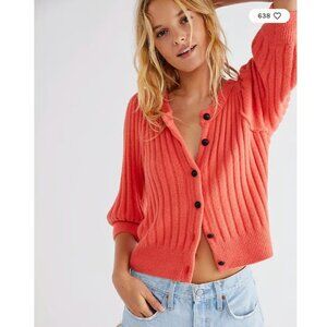 Free People Sloane Cardigan Coral Clay Black Buttons Exposed Seams 3/4 Sleeve XS